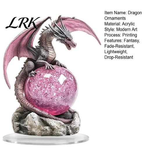 Decorative Figures for Bookshelves 2D Flat Acrylic Dragon Statue, Mystical with Pink Crystal Ball Handmade Fantasy Art Decor on Rock Base, Desktop