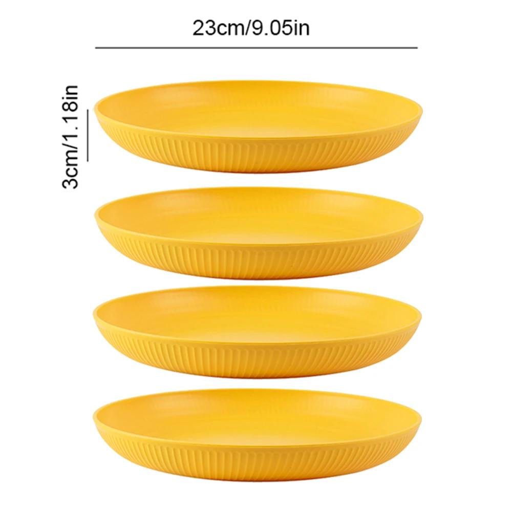 23cm Round Salad Dessert Dinner Plate Stackable Unbreakable Reusable 4Pcs Wheat Straw Dish Microwave Safe Fruit Plate for Dining