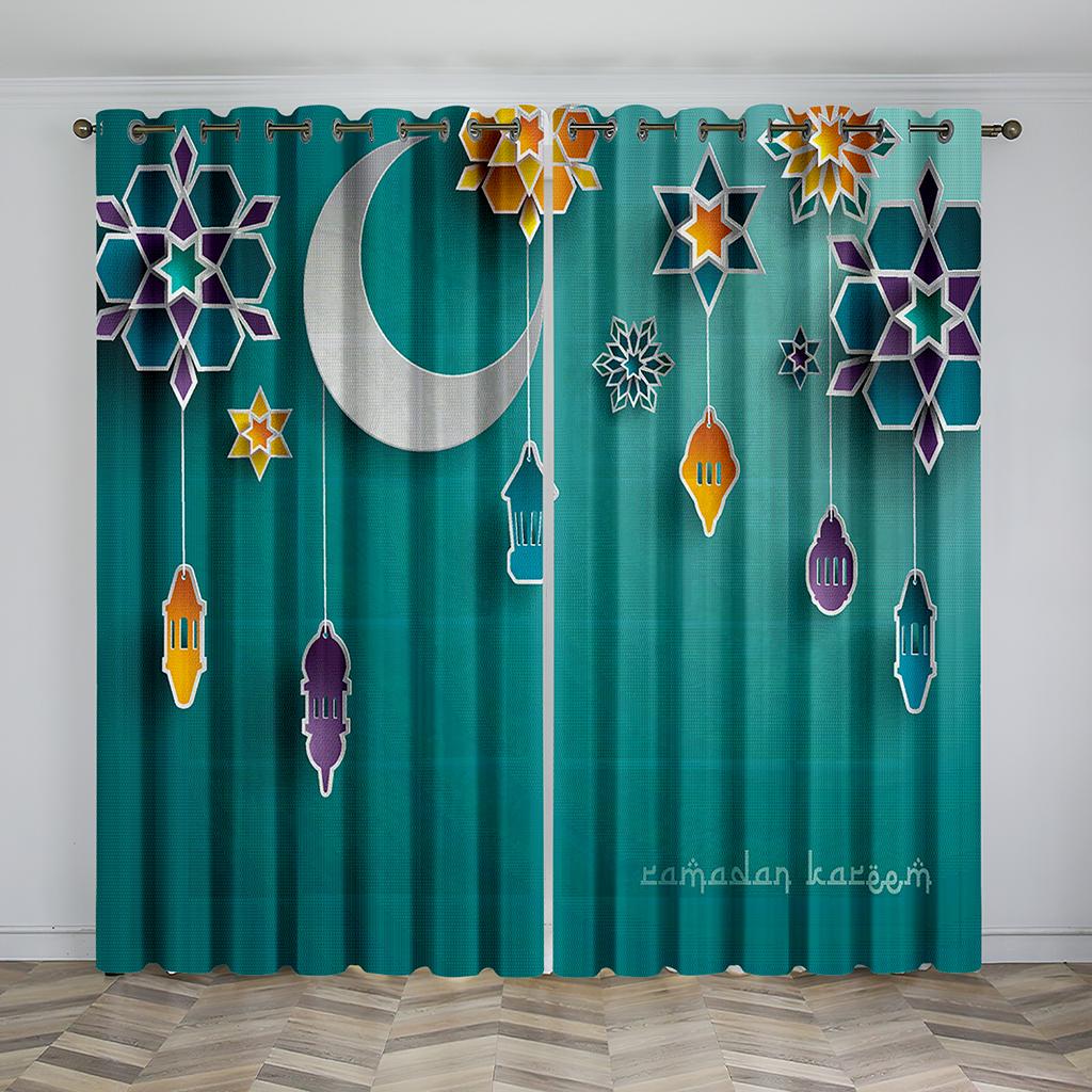 Hot Selling Eid Mubarak Lslamic Muslim Ramadan Festival Shading Drapes Window Curtain for Living Room Bedroom Decor 2 Pieces