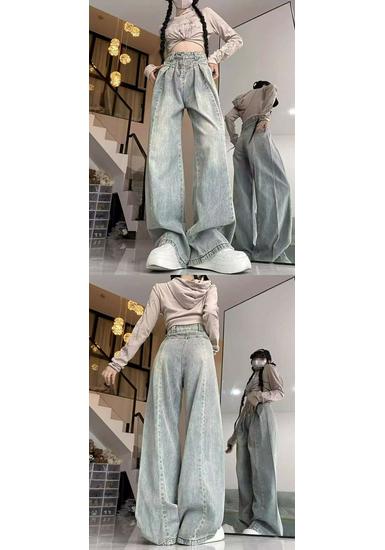 High-Waisted Retro Light Wash Wide-Leg Jeans with Semi-Elastic Waist