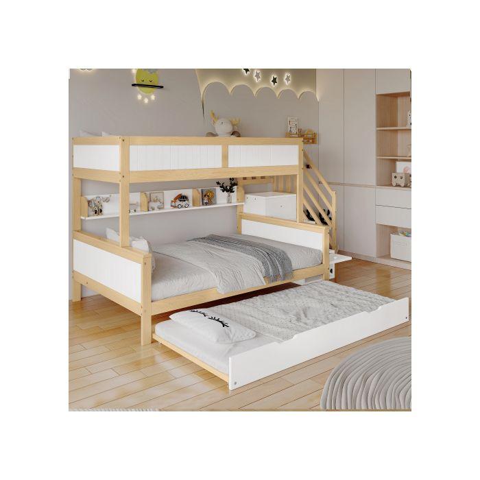 Lit superposé - MUVOE - Blanc + Naturel - 90x200 cm - Bois massif - 2/3 places