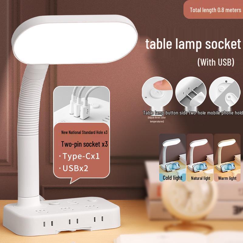 Eye Protecting Desk and Bedside Lamp with Power Strip for Dorms