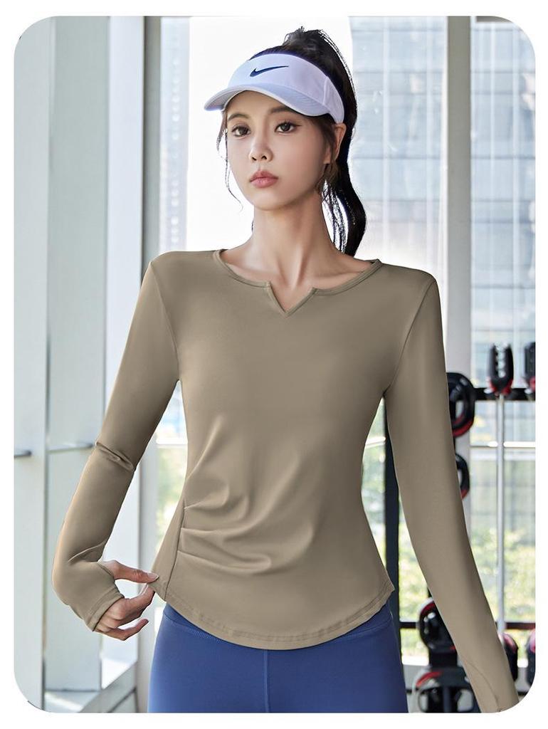 Juyi Hall Solid V-Neck Ruched Long Sleeve Women's Bodycon Yoga Top