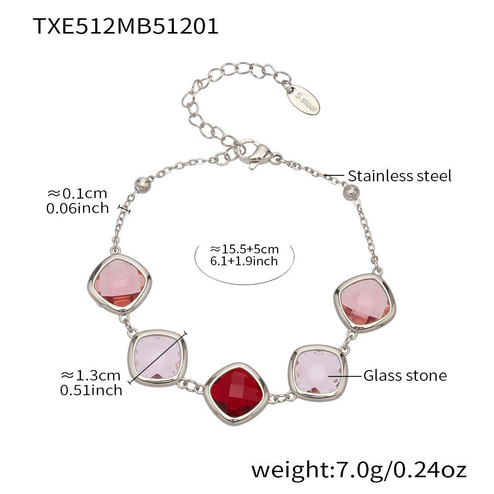 Stylish European & American Stainless Steel Jewelry Set with Square Faceted Glass Stones: Includes Bracelet, Necklace, and Earrings