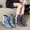 New Women's Shoes Square Heel Pointed Fashion Women's Boots Sleeve Denim Medium Heeled Women's BootsBotas De Mujer