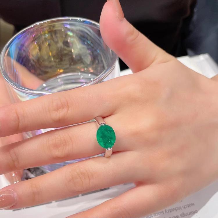 Simple Simulation Pigeon Egg Emerald Ring Inlaid With High Carbon Diamond Pigeon Blood Red Corundum Blue Pointed Crystal Ring Female