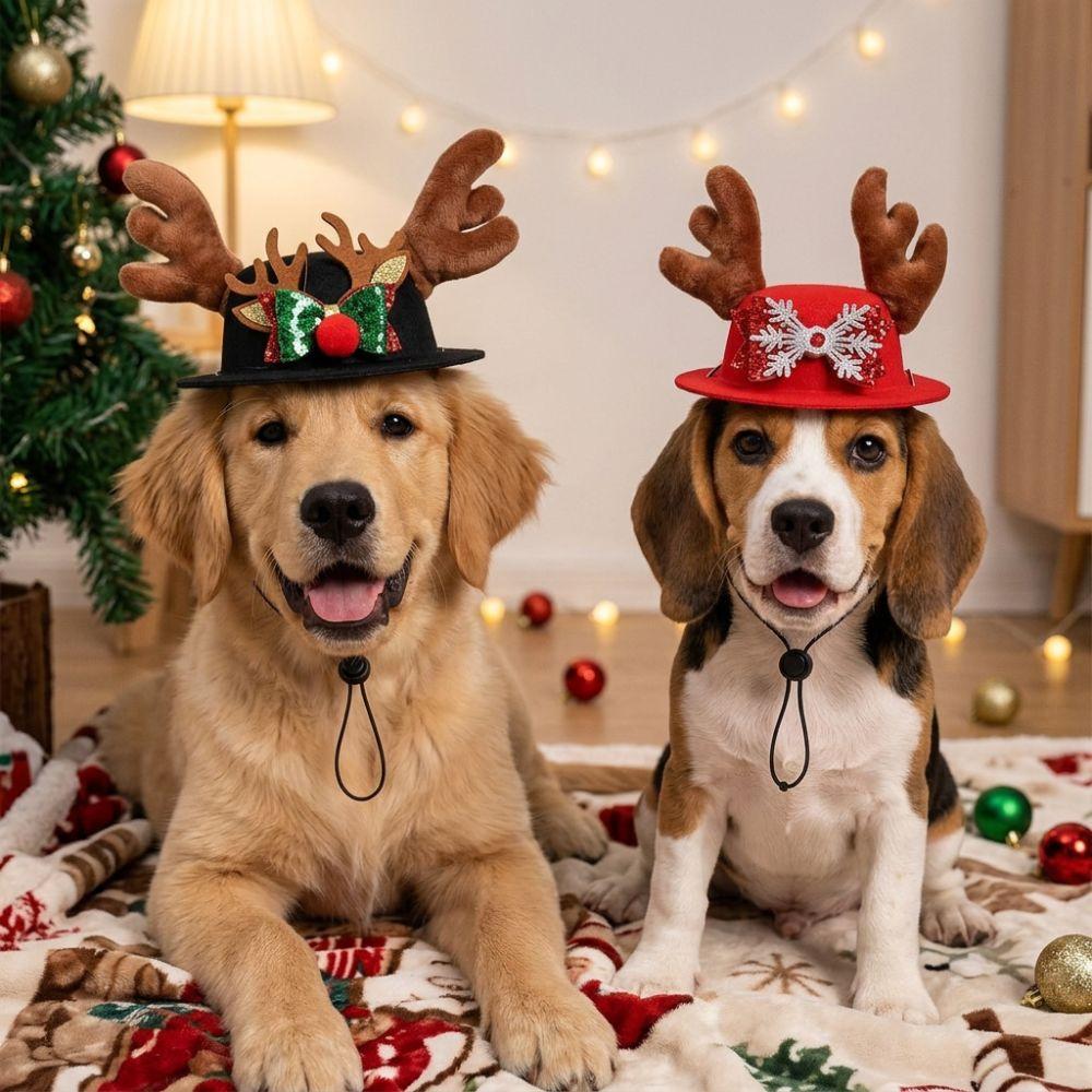 Adjustable Dog Reindeer Antler Cap Soft Plush Dog Xmas Bow Top Hat Xmas Gift