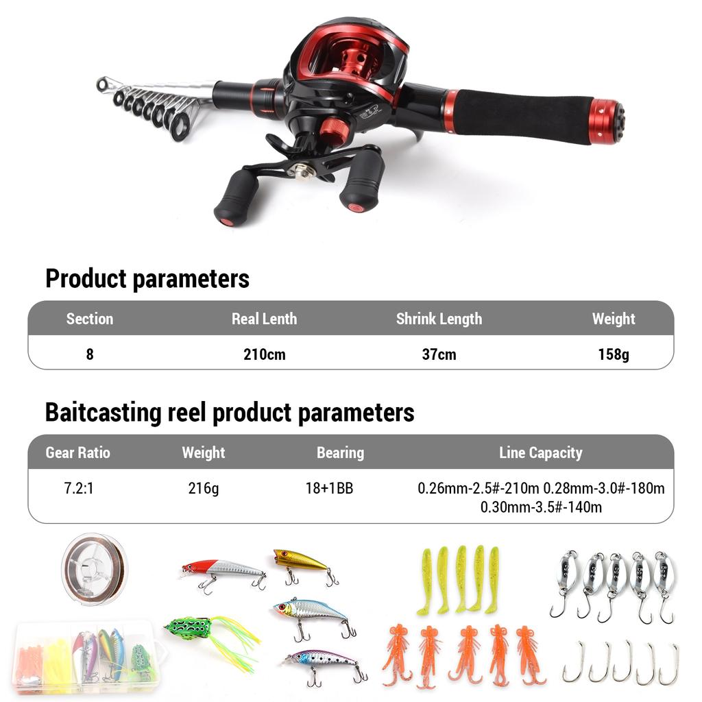 Combo Canna da Pesca e Mulinello Canna da Pesca Telescopica 2,1 m con Mulinello da Baitcasting Mano Destra