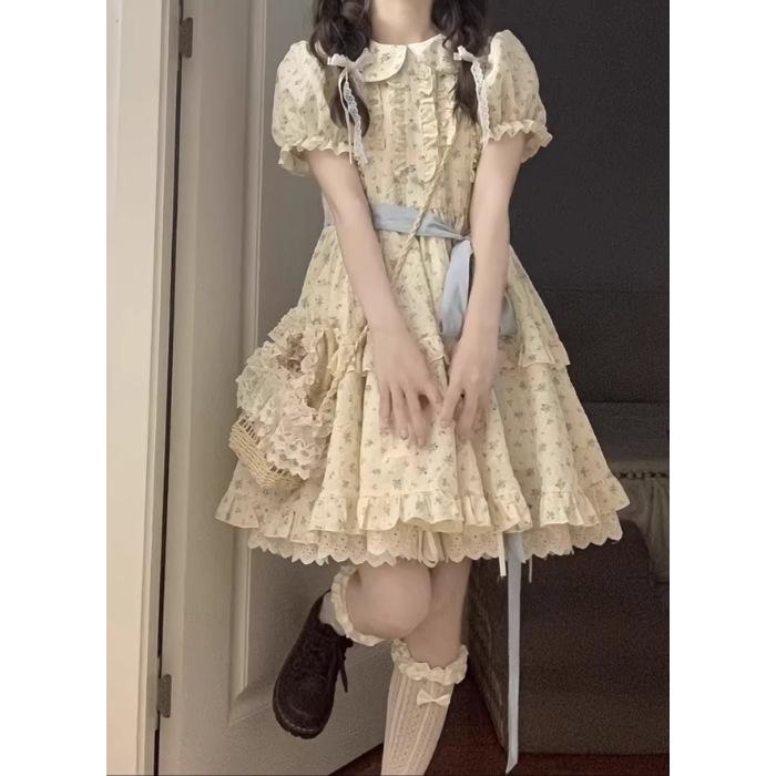 Sweet floral doll collar dress women's summer bubble sleeves small princess cake dress waist fluffy dress