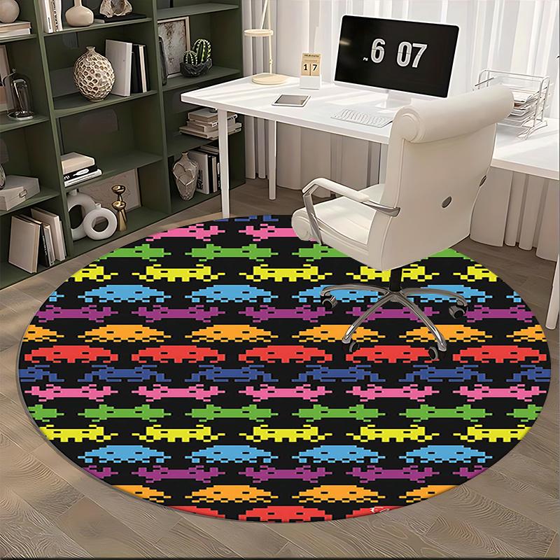 Space Invaders Pattern,Retro Video Game Design Chair mat Round Rug Office carpet, Machine Washable, Non slip, Suitable for Living Rooms, Bedrooms