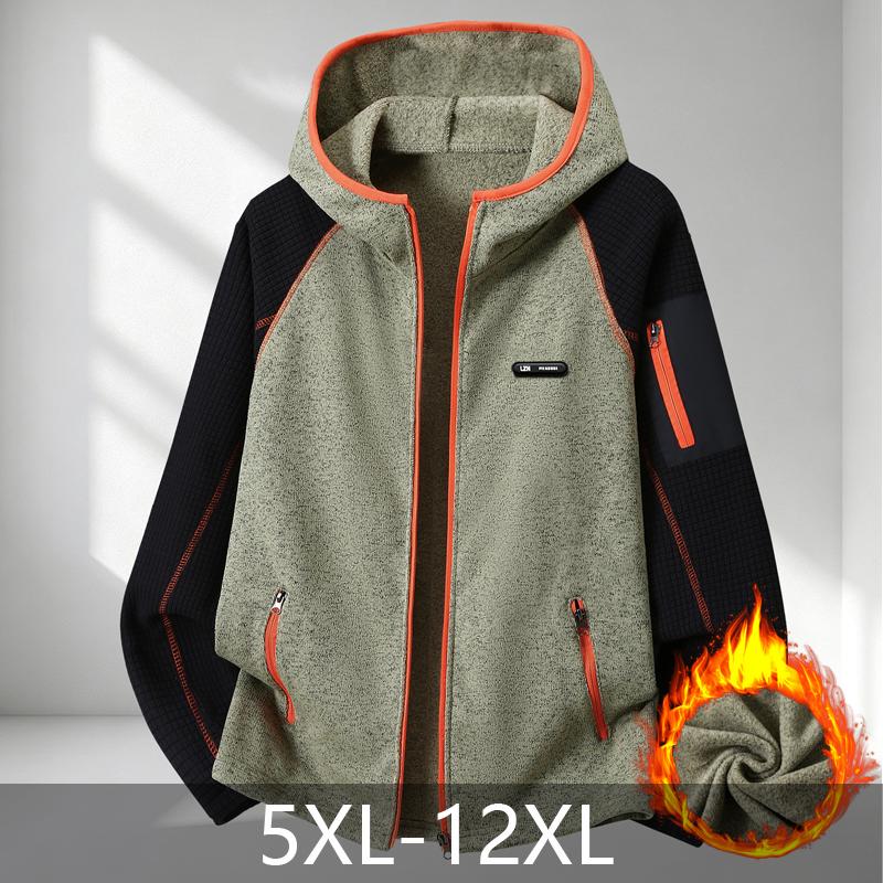 Men's Plus Size Fleece Hooded Jacket Color Block Zip Up Warm Casual Hoodie for Big Men