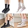 Womens Japanese Vintage Dots Pattern Cotton Middle Tube Calf Socks Hollow Out Breathable Mesh Thin Roll Cuffs Crew Socks