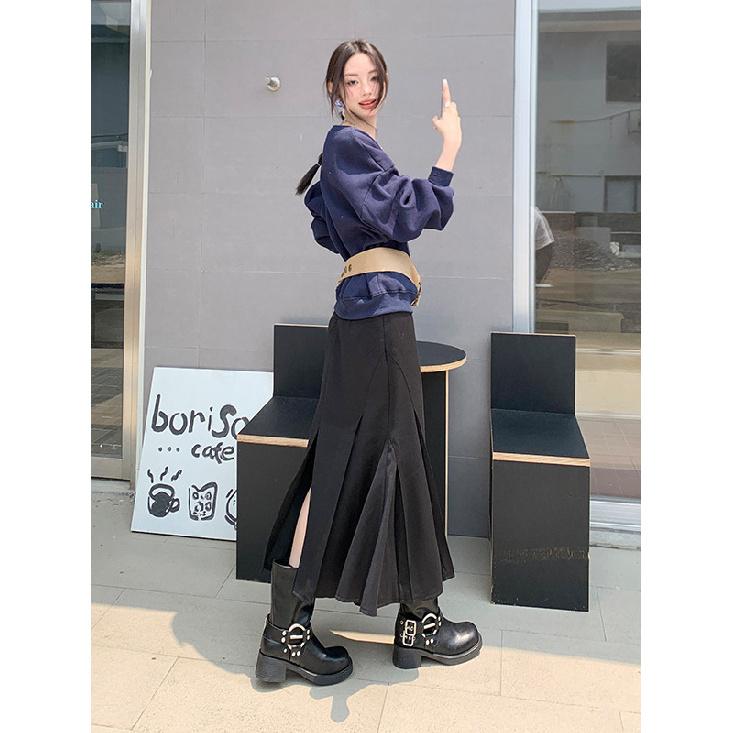 2024 Autumn New Black High Waist Pleated Fishtail Skirt For Women, With A Design Sense And A Split Suit Long Skirt