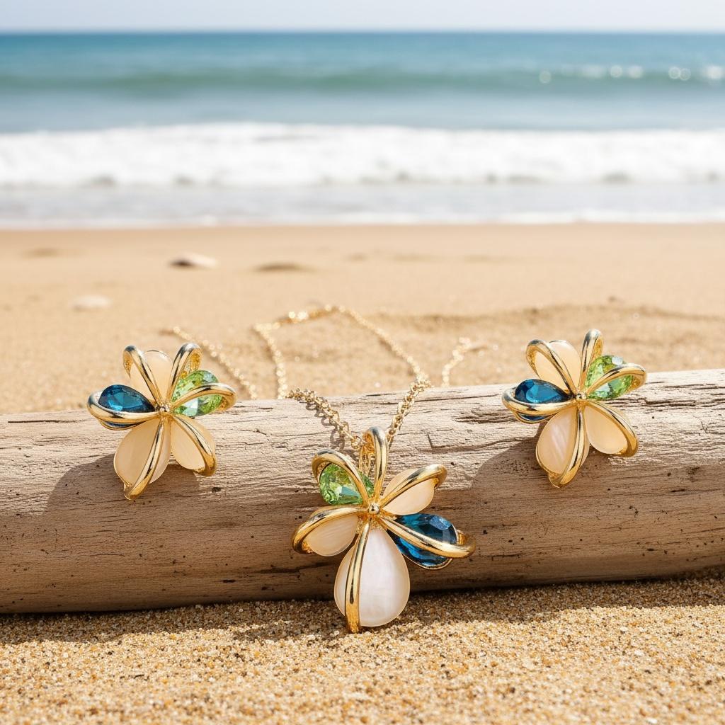 Irregular five-petal flower design earring, pendant, and necklace jewelry set Birthday and holiday party gift accessories
