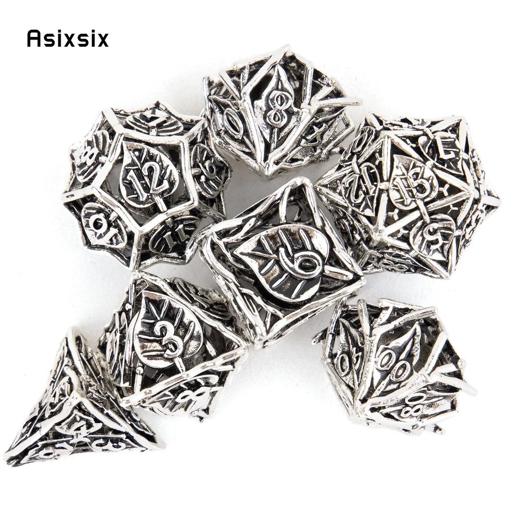 7 Pcs White Leaf Flower Metal Dice Hollow Metal Polyhedral Dice Set Suitable For Role-Playing Game