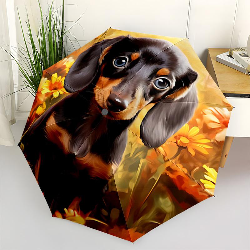 1pc Dachshund Flowers Automatic Folding Umbrella, Sturdy And Durable Automatic Folding Umbrella with 8 Ribs, Convenient for Outdoor Use085