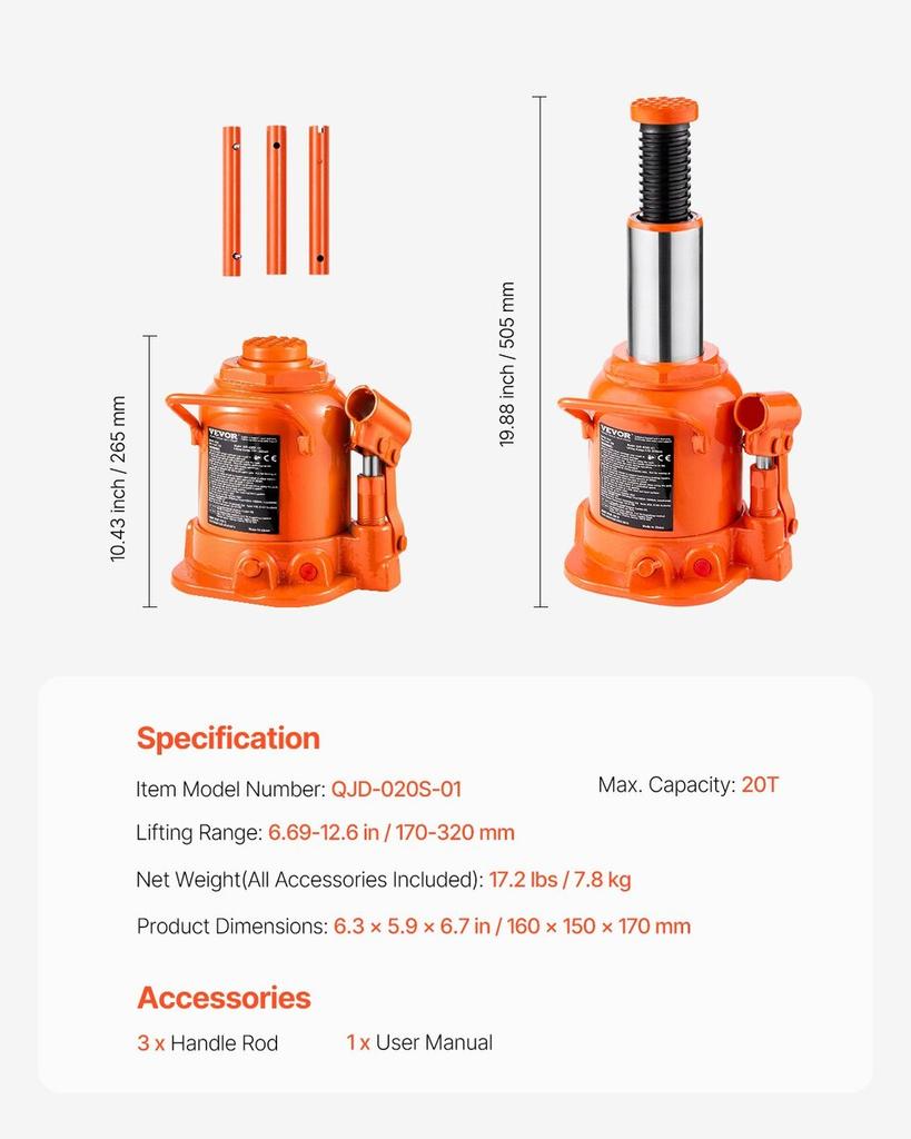 Hydraulic Bottle Jack 20 Ton Manual High Lift Automotive Car Repair Shop