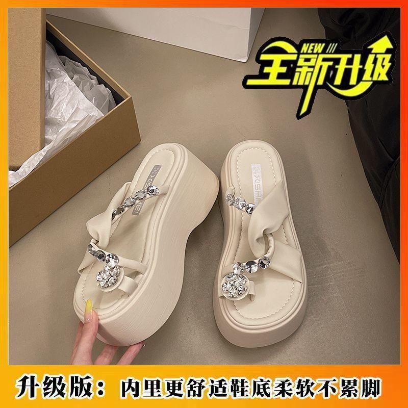 Sandals women's outer wear summer new small thick-soled high-heeled rhinestone cover toe cool slippers