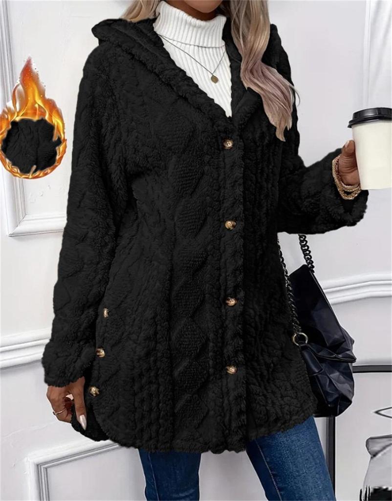 2026 Women's Solid Color Plush Hooded Sweatshirt with Diamond Pattern Design