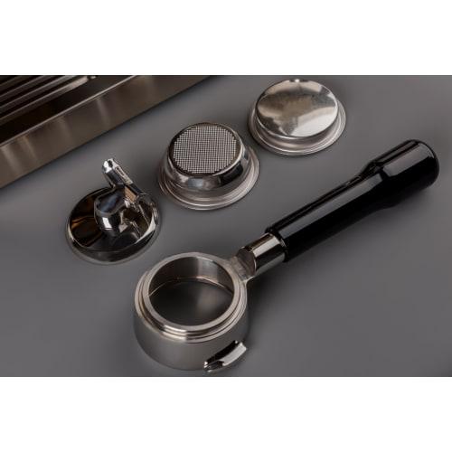 La Mellow Hybrid Portafilter 58mm for E61 Group Head Espresso Machines, Bottomless with Double Spout, Removable Blind Filter Basket Included