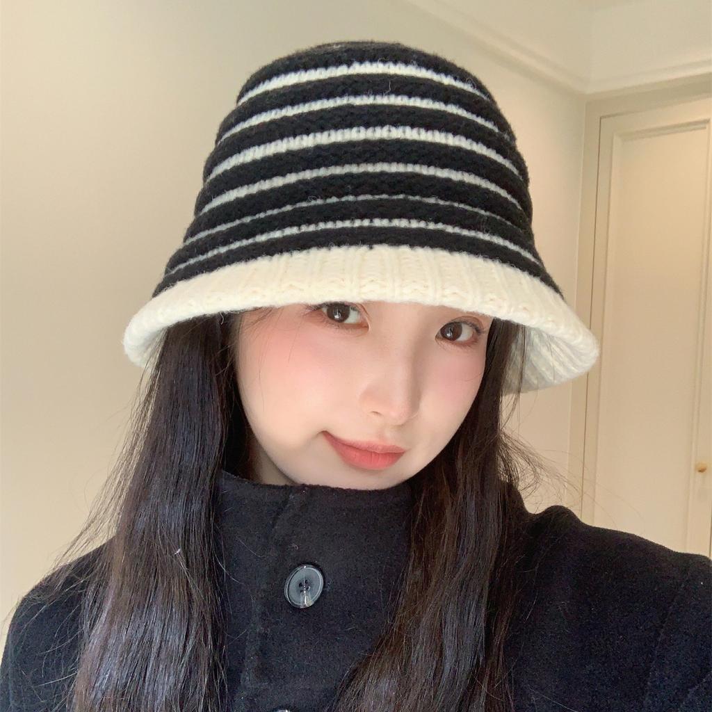 Sweet Knitted Striped Bucket Hat Women's New Autumn and Winter Wool Basin Hat