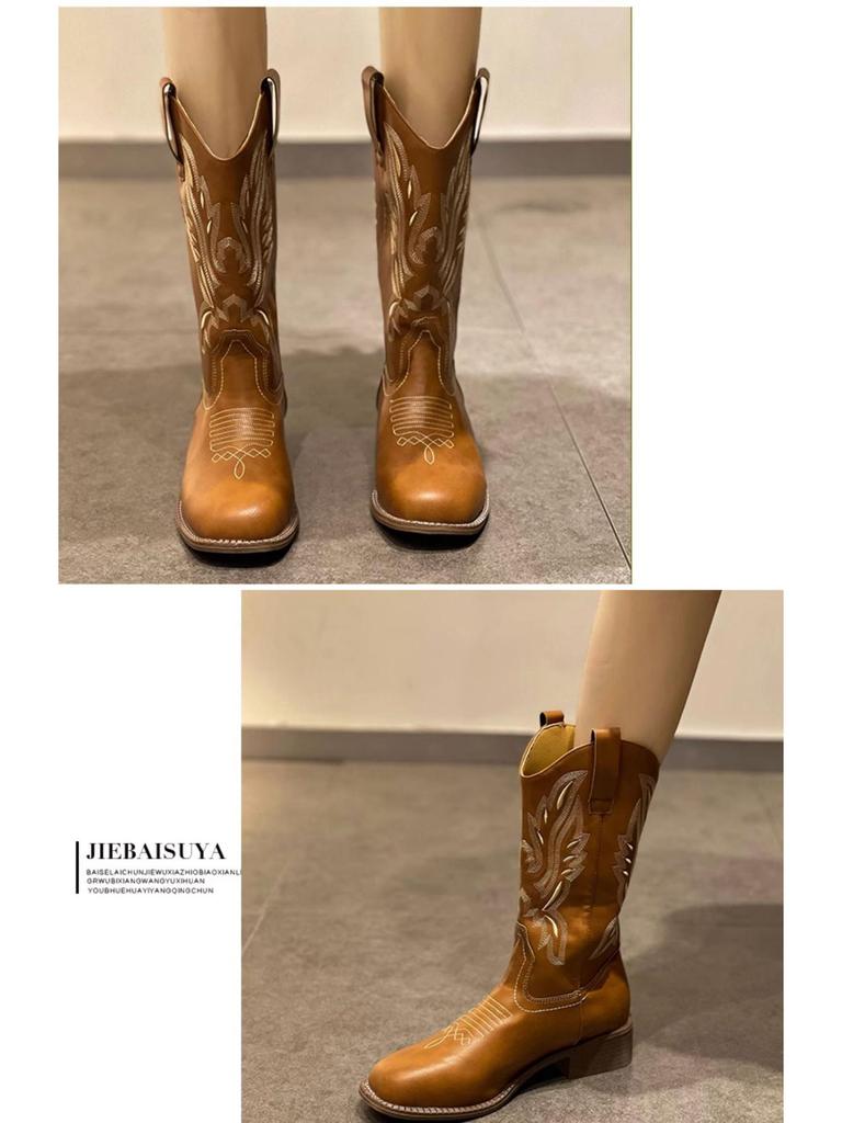 He Sui Style Versatile Western Cowboy Boots: Summer Chunky Heel, Embroidered, Pull-On Mid-Calf with Square Toe, Riding Boots In Plus Size.