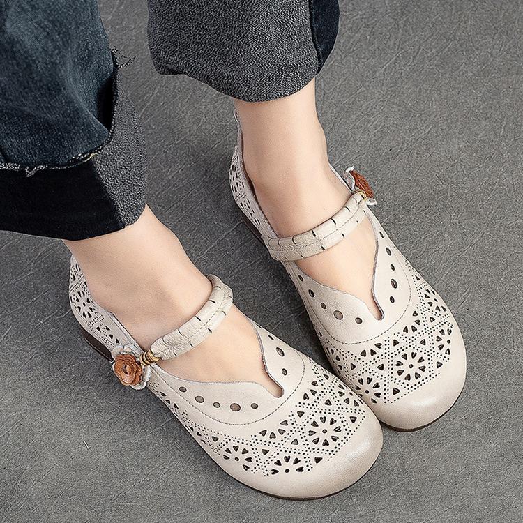 Hohle, atmungsaktive Damen-Sandalen, echtes Leder, Retro-Med-Heels, Pumps, bequeme Schuhe mit runder Zehenpartie