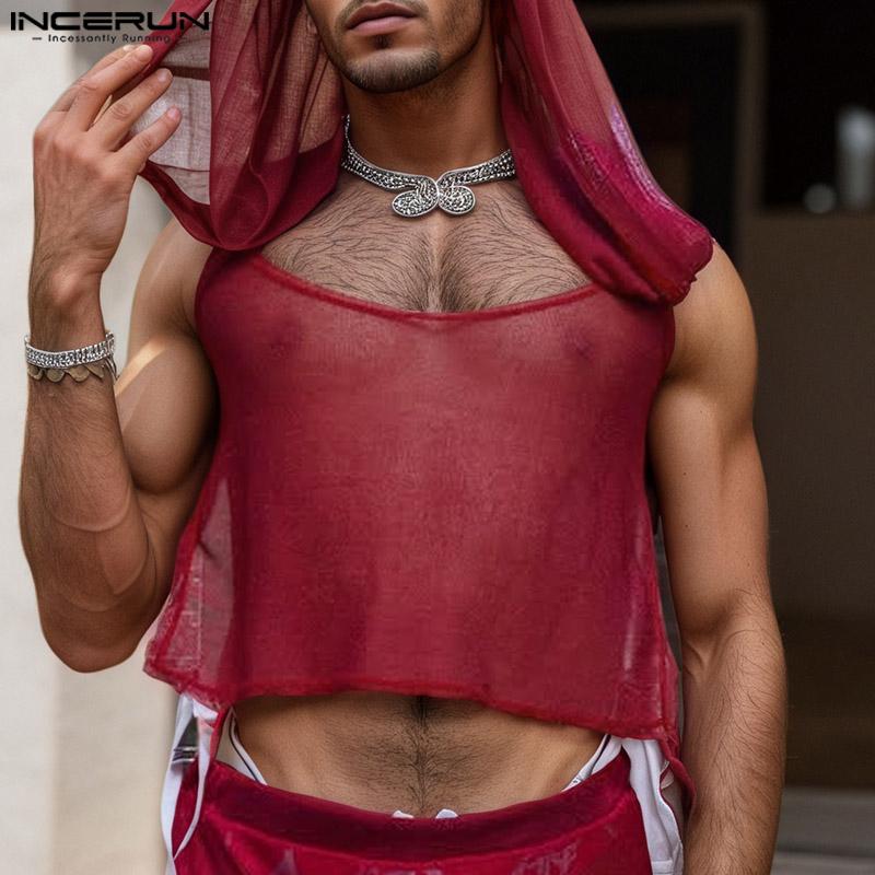 INCERUN Men Sleeveless Glitter Mesh See Through Cropped Hooded Tank Tops Partywear