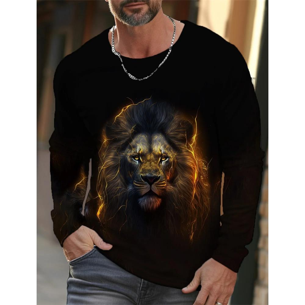 Lion 3D Digital Printed Men's Fashion Trend Round Neck Long Sleeved T-shirt
