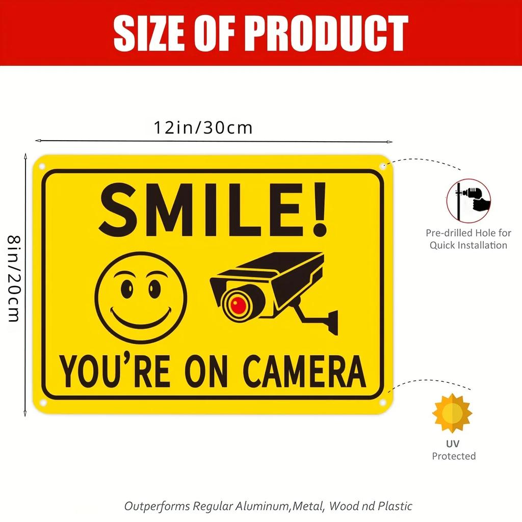 4pcs Smile Your On Camera Metal Sign, Video Surveillance Signs Outdoor, Yard,Property, Business Security Camera Aluminum Sign