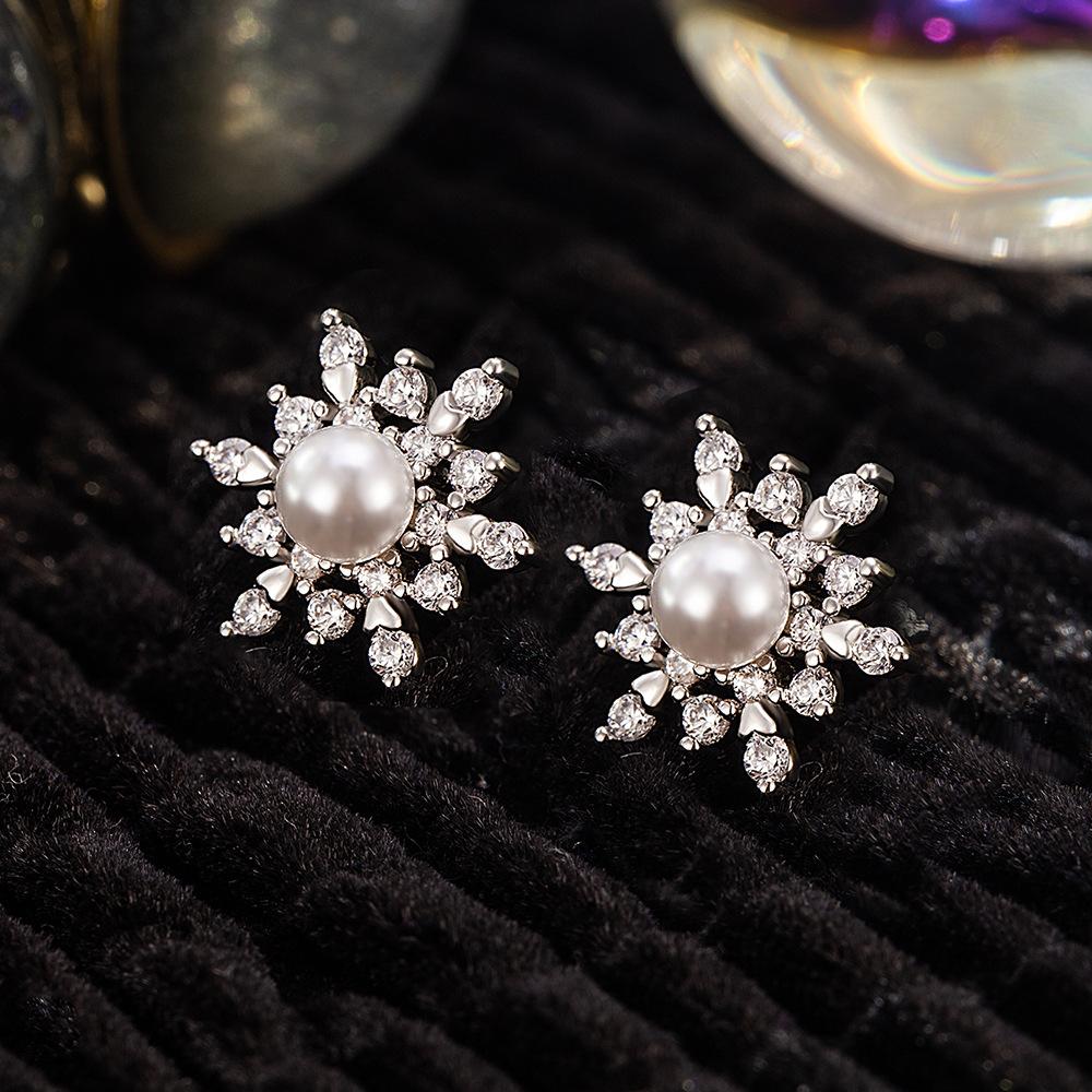 925 Sterling Silver Premium Fashion Snowflake Zircon Pearl Stud Earrings Birthday Party Anniversary Gift