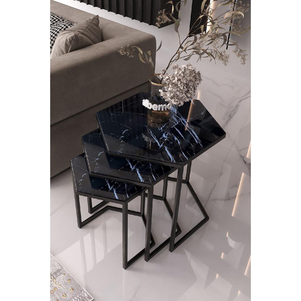 Master Hexagon Black Metal Black Glass 3-piece Nesting Table