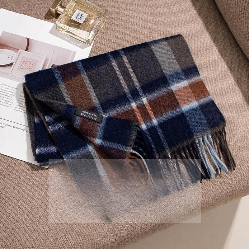 Light Luxury and High End Blue Coffee Plaid Pure Cashmere Scarf Versatile New Autumn and Winter Blue Scarf for Men and Women