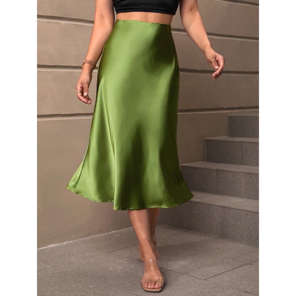 Herbst Eleganter Satin A-Linien Midi-Rock Polyester Lässiger Rock für Damen Europäischer Amerikanischer Stil