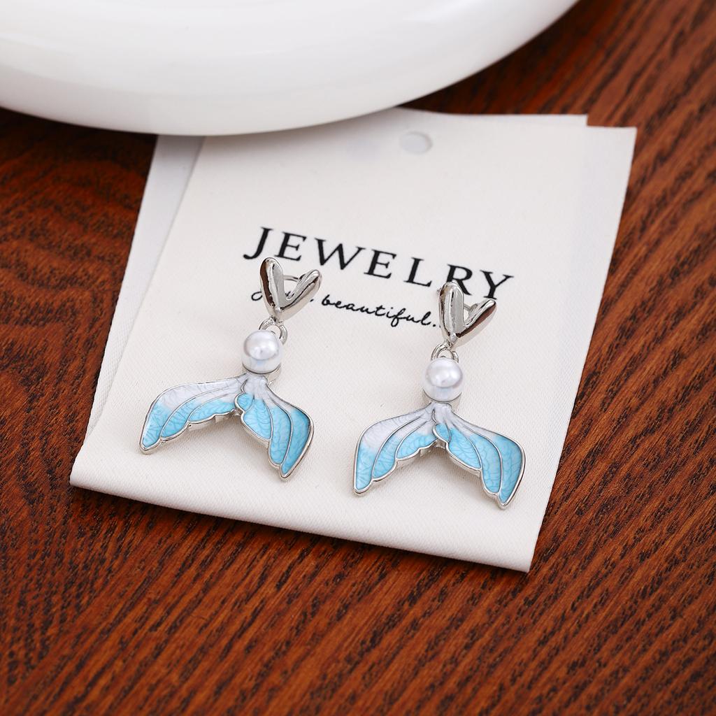Ocean Dolphin Fishtail Pearl Earrings, Light Luxury And Exquisite Blue Small Fresh And Cute Temperament Earrings Women