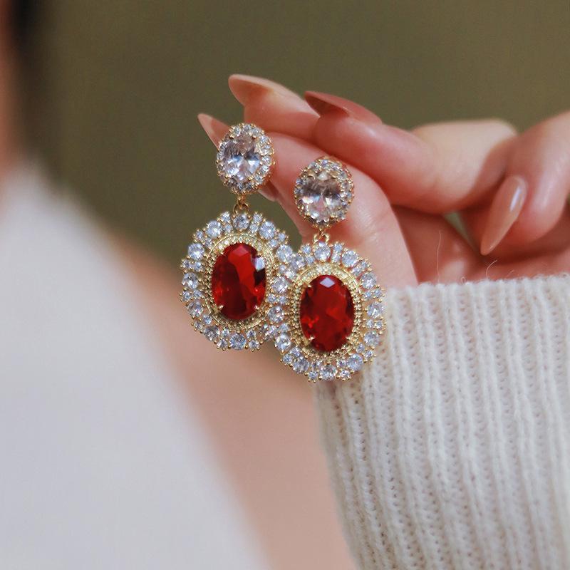 Vintage French Royal Oval Red Cubic Zirconia Double Layer Halo Dangle Drop Earrings Luxury Wedding Women Ear Jewelry