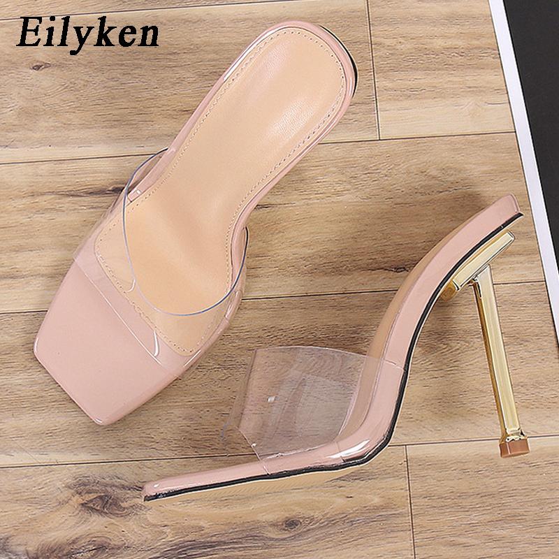 Mode Eilyken Été Femmes Pantoufles Extérieur PVC Transparent Sandales Gelée Transparente Mode Bout Ouvert Talons Fins Hauts Chaussures Fête Dames