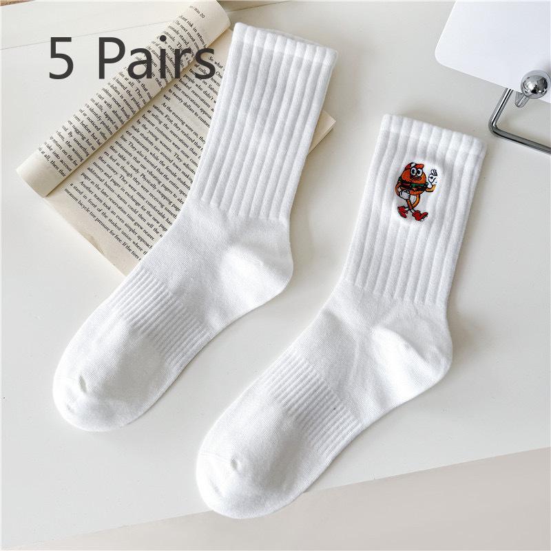 5 perechi de șosete absorbante de transpirație cu design de desene animate, pentru bărbați și femei, cu tub mediu lung, brodate