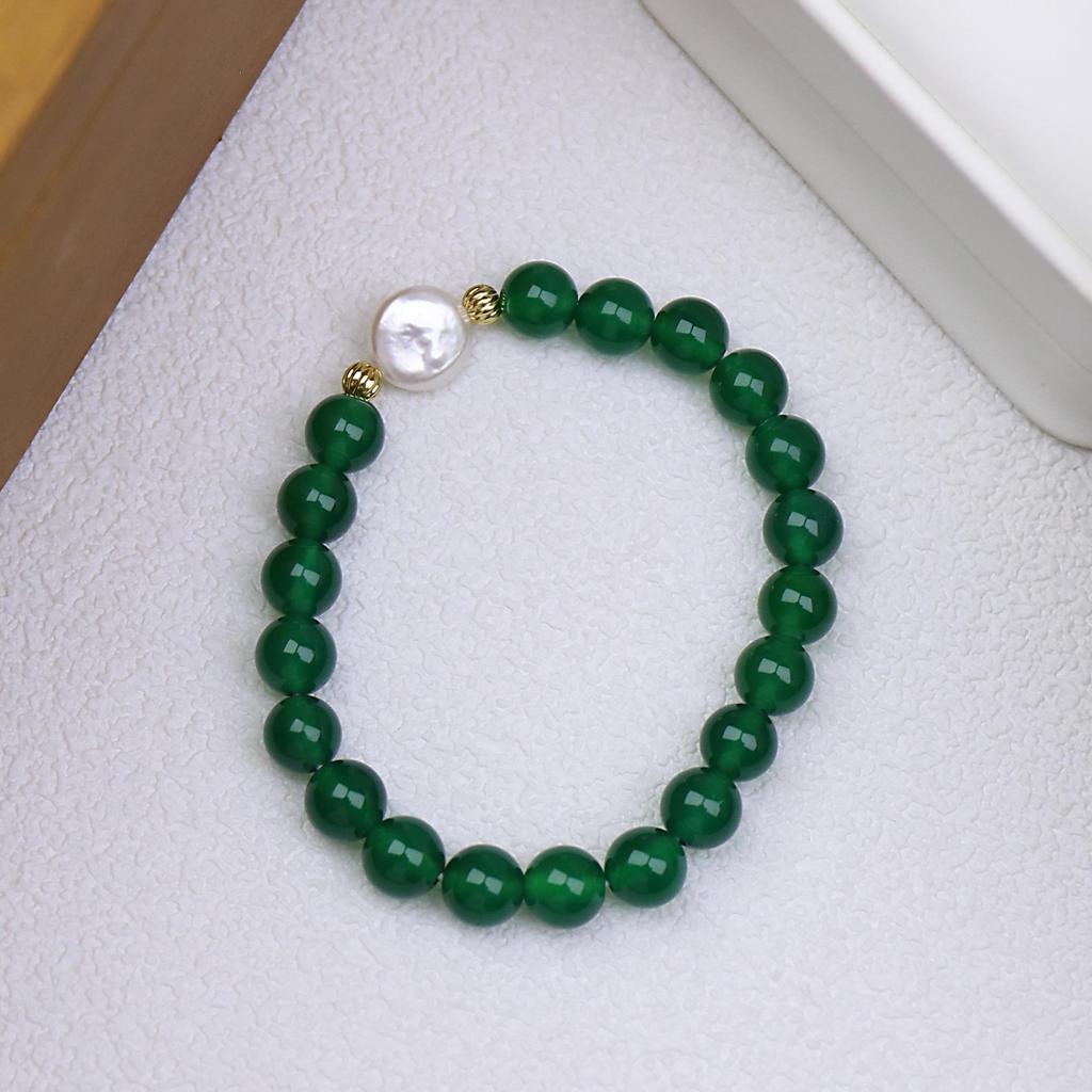 Wysokiej jakości Bransoletka z Zielonego Agatu Chalcedonu i Pereł - Chiński Styl Damska Biżuteria z Koralików