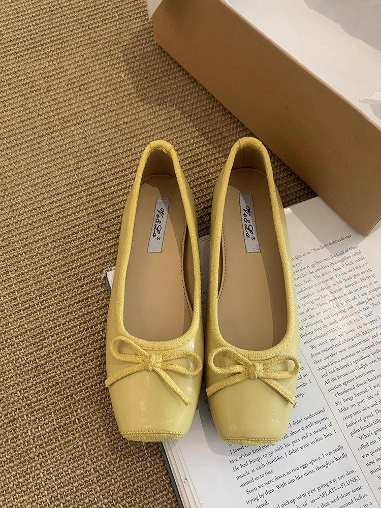 

2025 новые балетки на плоской подошве Doudou туфли в милом стиле с бантом, квадратной головкой, мелким горлом, одна педаль, одинарные туфли для женщин 35 жёлтый