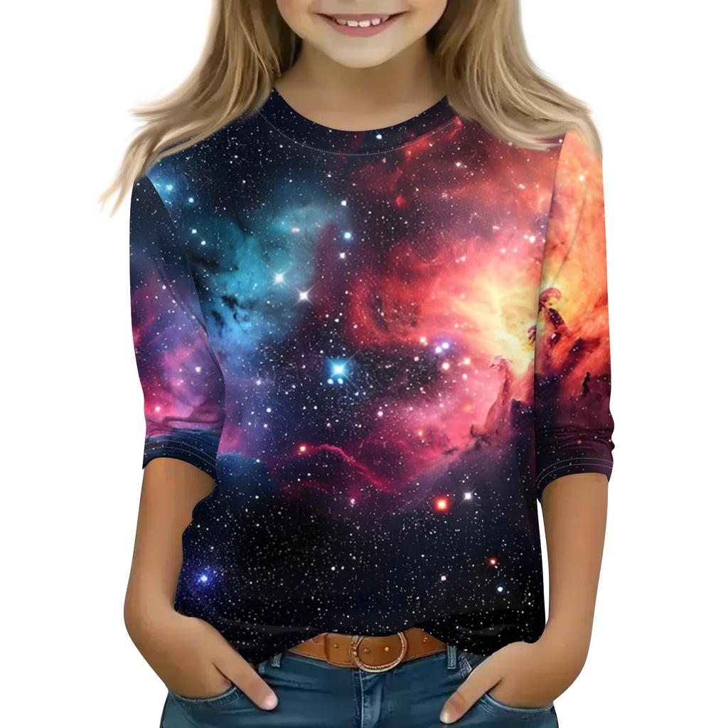 Bedruckte Oberteile für junge Mädchen von 5–16 Jahren, Rundhalsausschnitt, 3/4-Ärmel, T-Shirts, trendige Oberteile, Outfit-T-Shirts