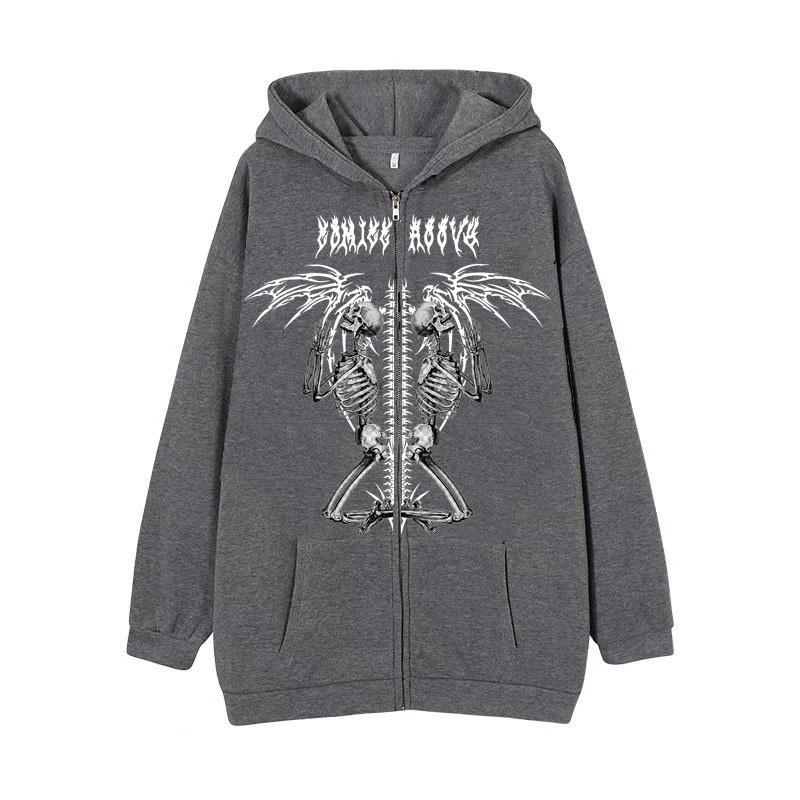 Gothic Skull Print Zip Up Hoodie Teenagers - Loose Fit Casual Sweatshirt