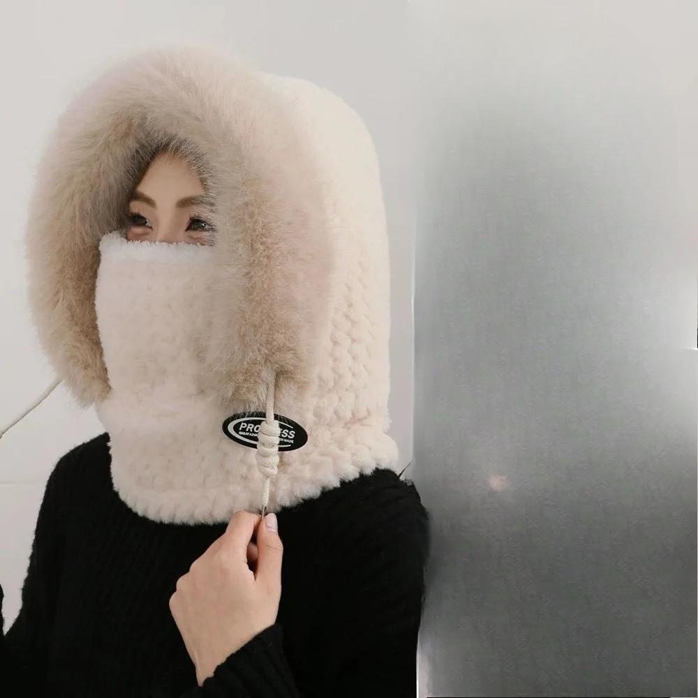 Autumn And Winter Women Thermal Plush Hat Hood Scarf And Mask Ear Protection Windproof Thick Design For Riding Outdoor