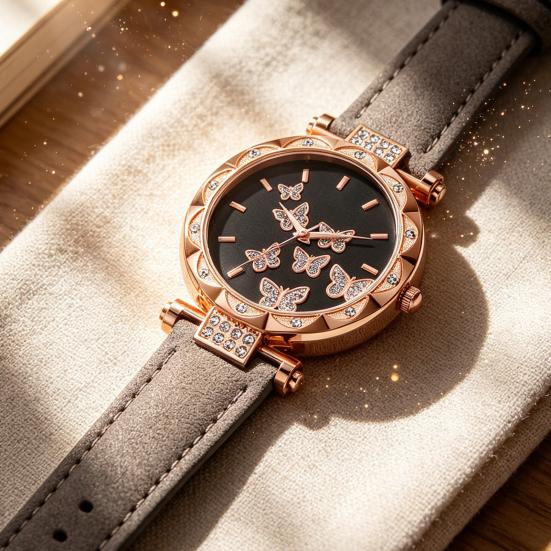 Ladies Butterfly Watch Artificial Leather Strap Quartz Watch Rhinestone Round Dial Fashionable Wristwatch for Women Party Office Date