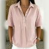 Women Striped Henley Shirt Collared Short Sleeve Casual Loose Fit Blouse