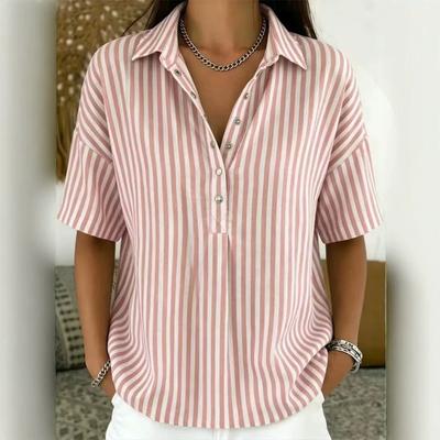 Blusa casual suelta de manga corta con cuello y rayas para mujer