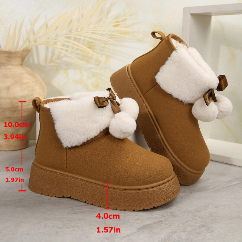 Fashion Soft Thick Bottom Furry Snow Boots Women 2025 Winter Chunky Platform Fluffy Fur Ankle Boots Cute Plush Ball Bowknot Cotton Shoes