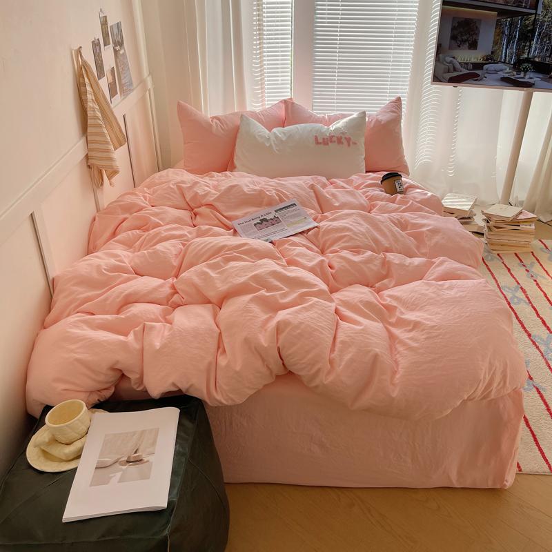 Solid INS Style Bedding Set For Adults Kids Pink Cotton Fitted Flat Sheet With Pillowcases Colorful King Queen Full Size