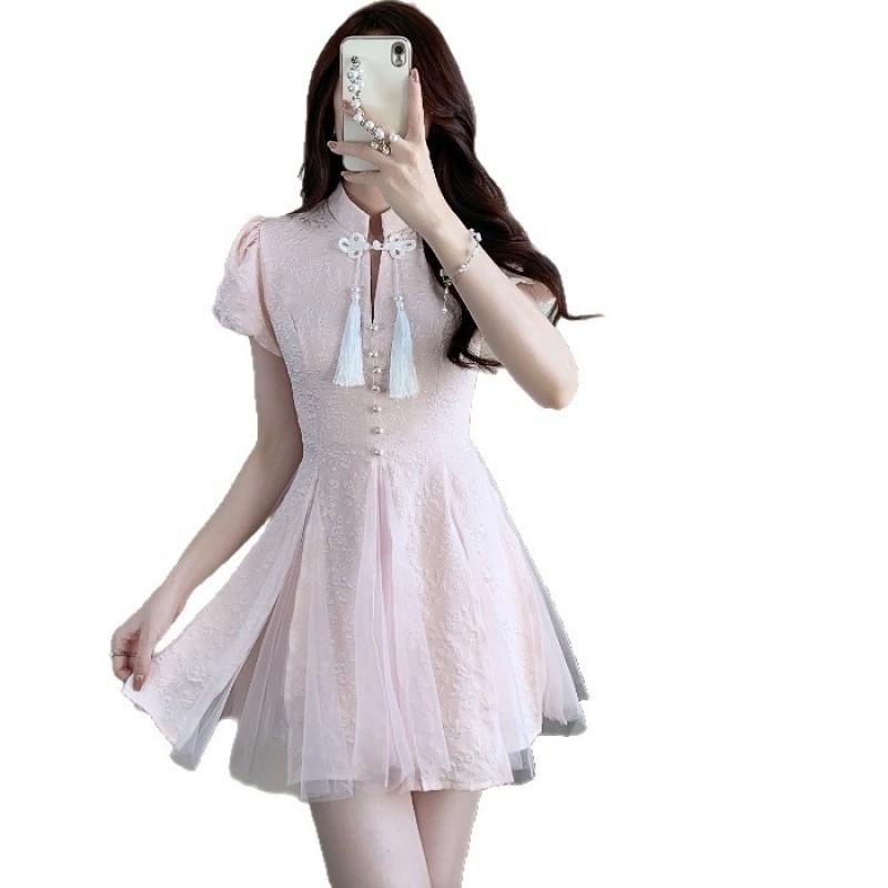 Elegant A-Line Midi Dress With Mandarin Collar Short Sleeve Princess Fit-and-Flare Style Women 2025