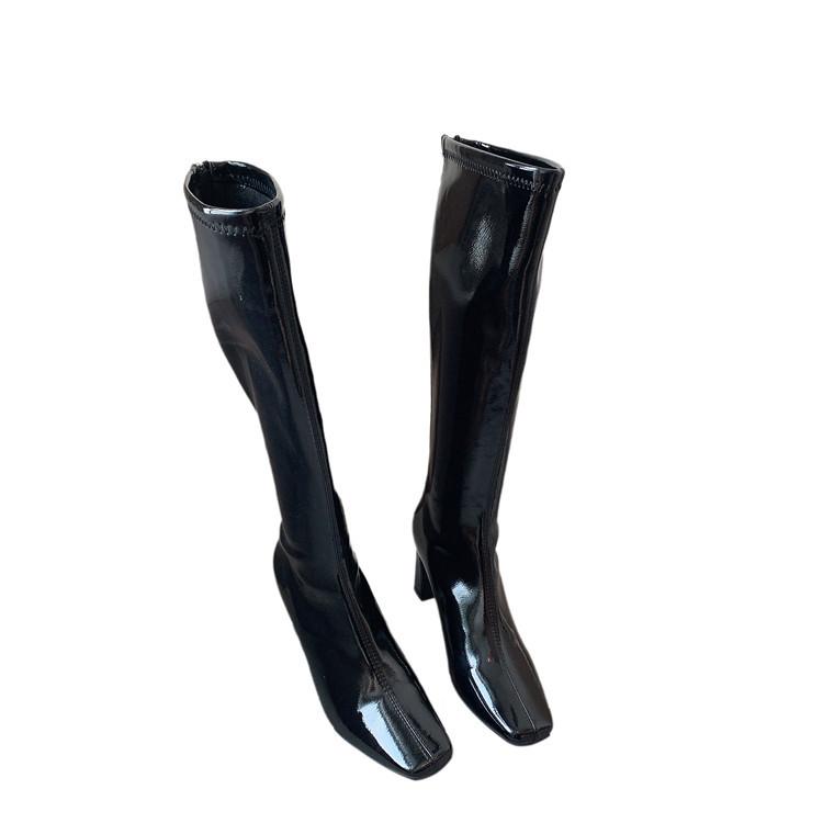 Milky white but knee boots women's high heels small tall knight boots thick heels autumn and winter thin elastic boots